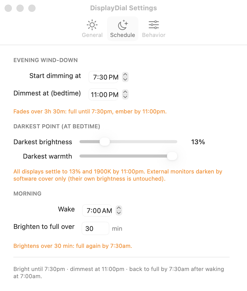 Daily Dimmer schedule settings in DisplayDial: start dimming time, bedtime, darkest point, and morning ramp